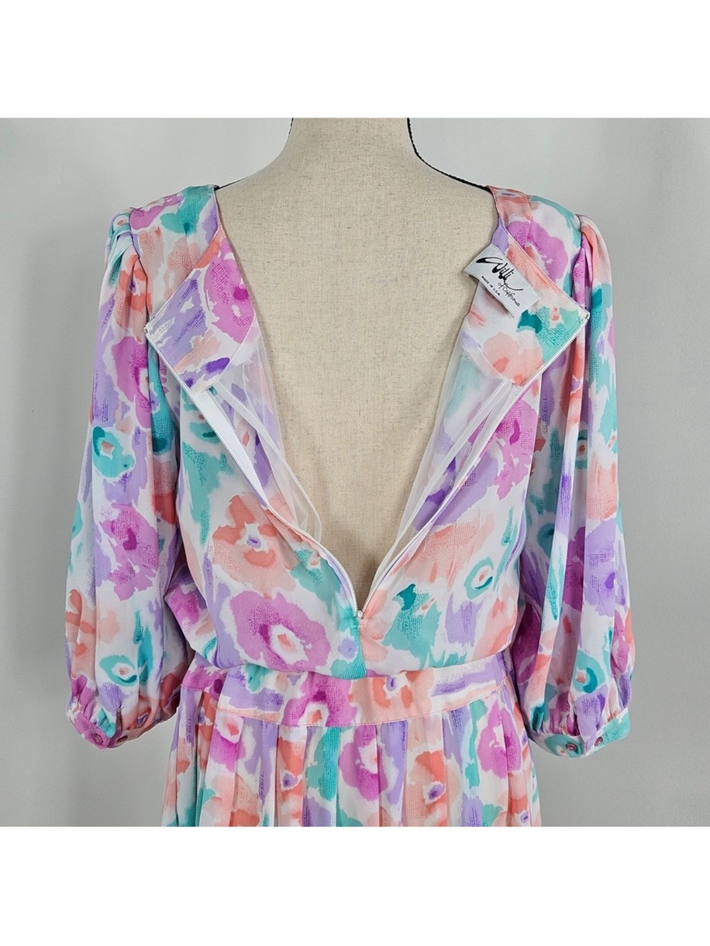 Willi of California Womens Floral Watercolor Midi Dress Belted 10 Vintage 80s - Picture 8 of 12